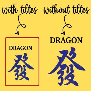 Puede incluir: Fondo amarillo con el texto "with tiltes" y "without tiltes" en escritura negra. Debajo, la palabra "DRAGON" aparece dos veces, una dentro de un rect&aacute;ngulo con borde rojo y otra en negrita negra, con un car&aacute;cter chino azul.