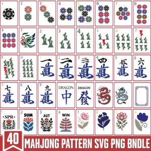 Puede incluir: Un conjunto de 40 dise&ntilde;os de patrones de Mahjong. Las cartas presentan diferentes s&iacute;mbolos, n&uacute;meros y caracteres chinos. La paleta de colores incluye rojo, verde, azul y negro. El texto "MAHJONG PATTERN SVG PNG BNDLE" es visible.