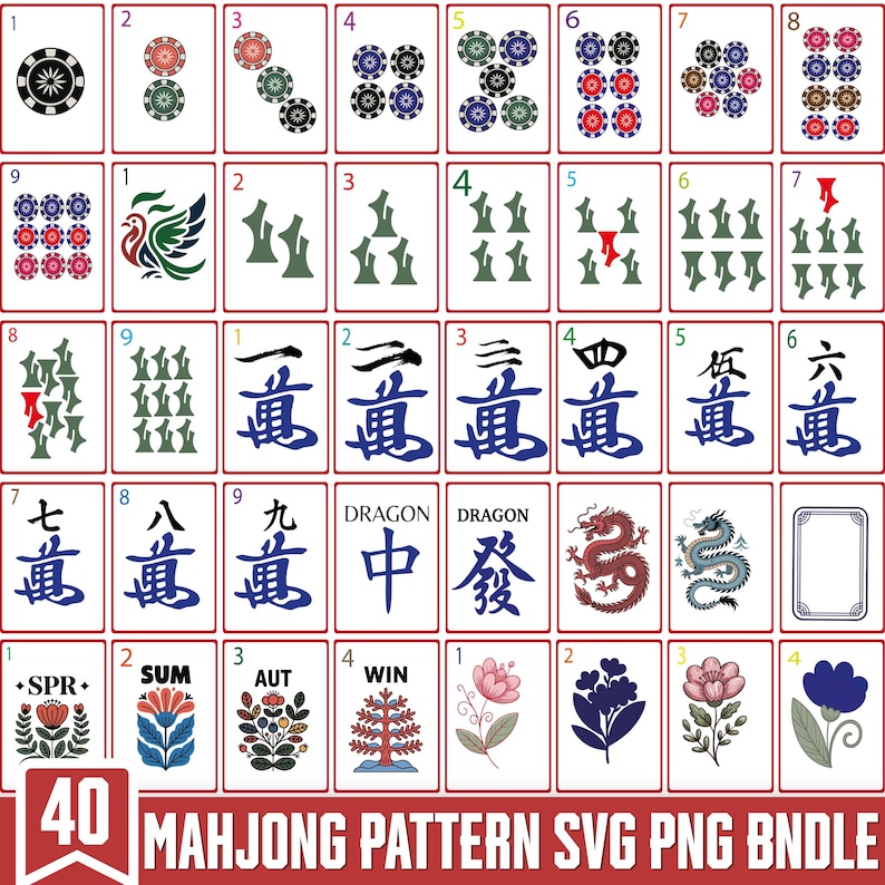 Puede incluir: Un conjunto de 40 dise&ntilde;os de patrones de Mahjong. Las cartas presentan diferentes s&iacute;mbolos, n&uacute;meros y caracteres chinos. La paleta de colores incluye rojo, verde, azul y negro. El texto "MAHJONG PATTERN SVG PNG BNDLE" es visible.