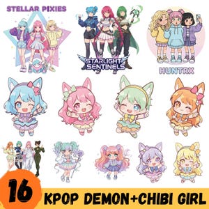 May include: A selection of 16 vibrant K-Pop Demon + Chibi Girl illustrations. The image showcases anime-style characters, including groups with text that reads "STELLAR PIXIES", "STARLIGHT SENTINELS", and "HUNTX".