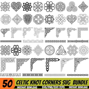 Peut inclure: Une collection de 50 motifs de nœuds celtiques noirs et blancs, comprenant des coins, des bordures et divers motifs de nœuds. Les motifs sont affichés dans une grille, avec le texte "50 Celtic Knot Corners SVG Bundle" en bas. Téléchargement instantané.