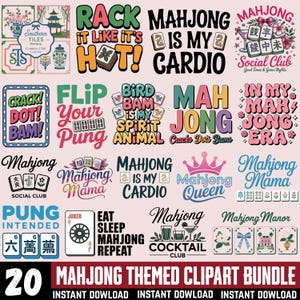 May include: A collection of 20 Mahjong-themed clipart designs in various colors and fonts. The designs include phrases like "Mahjong is my Cardio," "Mahjong Mama," and "Eat Sleep Mahjong Repeat." The bundle is available for instant download.