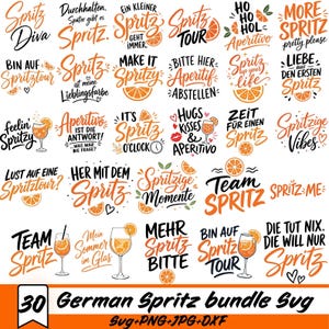 May include: A collection of 30 digital graphic designs featuring orange and black typography with cocktail-themed phrases like Spritz Diva, Spritz Tour, and Team Spritz, accompanied by illustrations of orange slices and stemmed cocktail glasses.