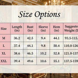 May include: A pink and white chart titled "Size Options" displays garment measurements in inches and suggested weight in pounds. Sizes range from M to XXL, with measurements for length, bust, sleeve, and hem.