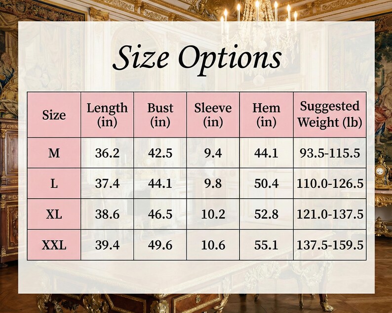 May include: A pink and white chart titled "Size Options" displays garment measurements in inches and suggested weight in pounds. Sizes range from M to XXL, with measurements for length, bust, sleeve, and hem.