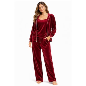 Women’s Velvet Velour Tracksuit Set | Luxury Lounge Wear with Zip Hoodie, Inner Top, Pants & Embroidery Patch