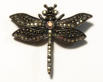 Kirks Folly Dragonfly Brooch Pin and Pendant - Aurora Borealis Rhinestones - Vintage - Collectible