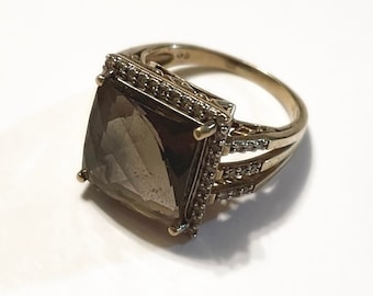 Smoky Quartz and Diamond Ring - Solid 10k Yellow Gold - Huge Stone