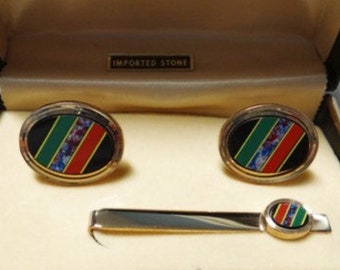 Stone Cuff Links and Tie Bar Set - Inlaid Imported Stone - Lamode - Original Case Included - Vintage