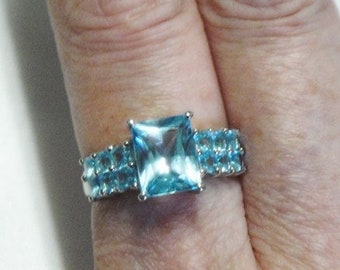 Blue Topaz Ring - 10k Solid White Gold - Large 2 1/2 Carat Center Stone - Natural Gems - Vintage