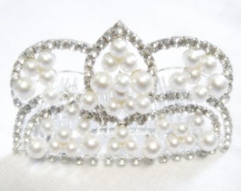 Rhinestone Pearl Hair Comb - Queens Crown Style - Wedding or Prom - Vintage