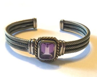 Amethyst Bracelet - 14K Yellow Gold and Sterling Silver - Cuff Bracelet - Vintage