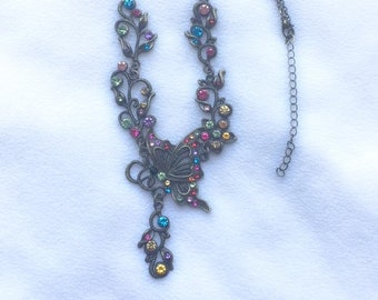 Rhinestone Butterfly Necklace - Antiqued Brass - Multi-color Rhinestones