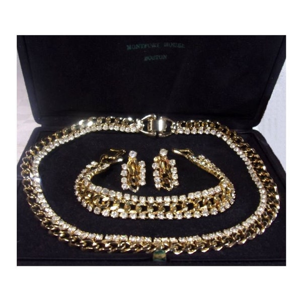 Jewelry Set - Gold Plate Rhinestone Necklace Bracelet Earrings - Vintage 1950s