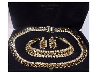 Jewelry Set - Gold Plate Rhinestone Necklace Bracelet Earrings - Vintage 1950s
