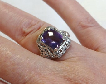 Amethyst Ring - Sterling Silver - 3 Carat Amethyst - Victorian