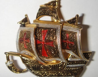 Damascene Ship Brooch Pin - Ornate and Unique Signed SPAIN Ship Pin