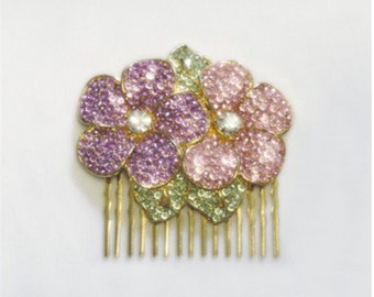 Rhinestone Hair Comb - Floral Brooch - Pink and Purple - Vintage