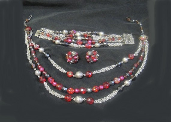 Full Parure - Bracelet, Necklace, Earrings - Red,… - image 1