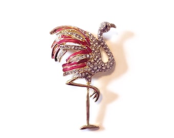 Pink Flamingo Brooch - Rhinestone and Enamel - Large Brooch - Rare