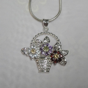 Flower Basket Necklace Gemstone Floral Pendant Necklace Sterling Silver Genuine Amethyst Garnet Citrine Peridot Quartz Gems Vintage image 1