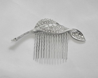 Twisted Leaf Rhinestone Hair Comb - 1960s Brooch - Bridal Accessory - Vintage