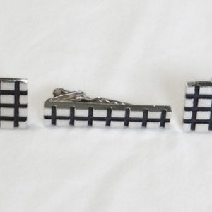 Silver and Black Cuff Links and Tie Bar Set - Vintage
