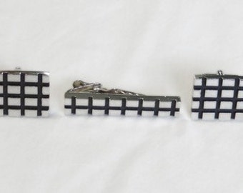 Silver and Black Cuff Links and Tie Bar Set - Vintage