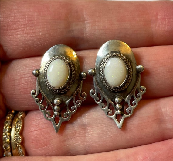 Antique Victorian Opal Earrings - Sterling Silver - image 1