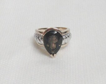 Smoky Quartz Ring - Sterling Silver and 14k Gold Overlay - Large Stone - Vintage