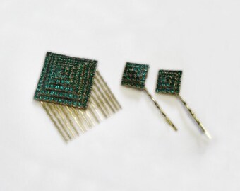 Rhinestone Hair Comb and Bobby Pins - Greens - Brooch and Earrings Book Pieces - Bridal or Formal - Vintage