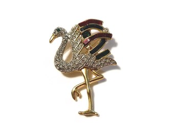 Flamingo Brooch - All Rhinestones - Goldtone Metal - Vintage New Old Stock Brilliant Flamingo Brooch