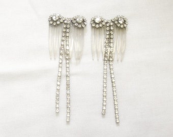 Rhinestone Hair Combs Pair - Bows with Tails - Vintage