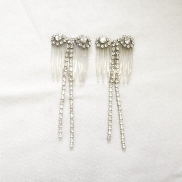 Rhinestone Hair Combs Pair - Bows with Tails - Vintage