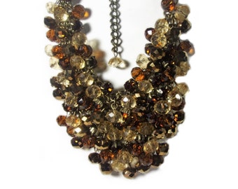 Glass Bib Necklace - Aurora Borealis Faceted Amber Multi Colored Glass Necklace