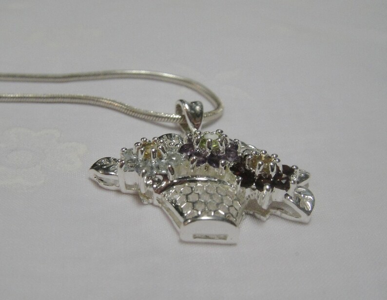 Flower Basket Necklace Gemstone Floral Pendant Necklace Sterling Silver Genuine Amethyst Garnet Citrine Peridot Quartz Gems Vintage image 4