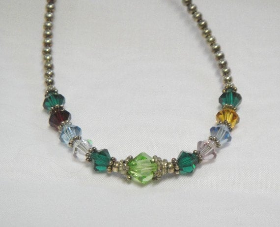 Vintage Necklace-EB1835 Multi Color Gemstone Sterling Silver Bezel Set Necklace 