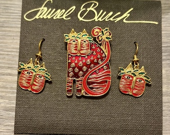 Laurel Burch FESTIVE FELINE Earrings & Brooch Set - Christmas Design - Retired Design Discontinued Jewelry Line - Vintage