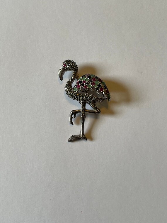 Flamingo Brooch - Emerald Ruby Sapphire - Sterlin… - image 1