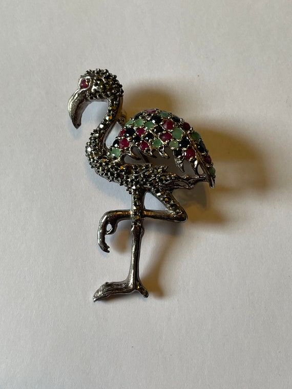 Flamingo Brooch - Emerald Ruby Sapphire - Sterlin… - image 2