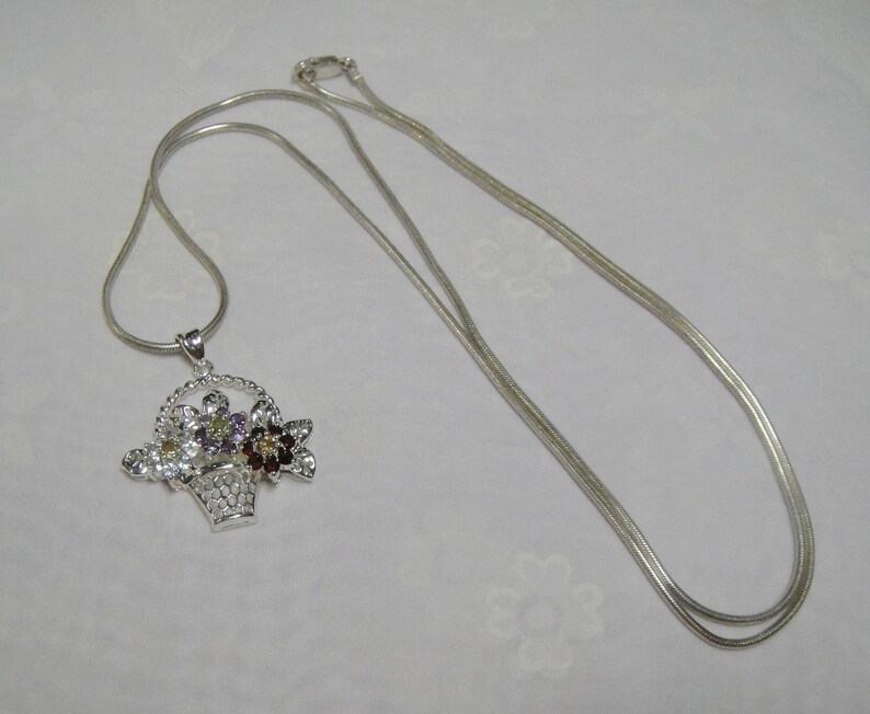 Flower Basket Necklace Gemstone Floral Pendant Necklace Sterling Silver Genuine Amethyst Garnet Citrine Peridot Quartz Gems Vintage image 3