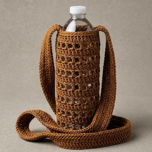 May include: A brown crocheted water bottle holder with a long strap. The holder is made of a textured, open weave design, and it has a strap for carrying. The bottle inside is clear with a white cap.