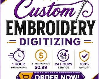 Könnte beinhalten: Eine grafische Anzeige für individuelle Stickerei-Digitalisierungsdienste mit dem Text Custom Embroidery Digitizing, einem Nadel-Symbol, einer Uhr, einem Dollarzeichen, einem 24-Stunden-Symbol, einem Schild und einem Order Now-Button.