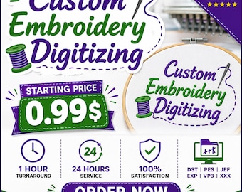 Könnte beinhalten: Eine Werbegrafik für einen professionellen Stickerei-Digitalisierungsservice mit dem Text Custom Embroidery Digitizing, einer Garnrolle, einem Stickrahmen und Symbolen für 1 Stunde Bearbeitungszeit, 24-Stunden-Service und Dateiformate.