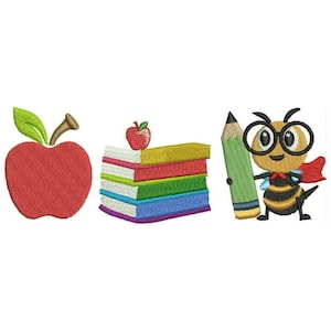 Pacote de Bordados Volta às Aulas, Arquivos de Bordado à Máquina com Maçãs, Livros, Abelhas e Lápis, Download Digital para a Temporada Escolar, 3 Tamanhos