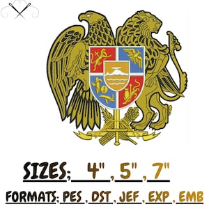 May include: An embroidery design featuring a golden eagle and a lion flanking a central shield with red, blue, and yellow sections. Below the shield are crossed wheat stalks and a sword. Text reads: SIZES: 4", 5", 7" FORMATS: PES, DST, JEF, EXP, EMB.