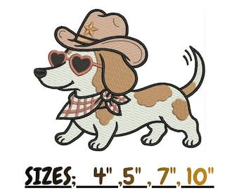 Könnte beinhalten: Ein Stickmuster eines Dackels mit einem beigen Cowboyhut mit Stern, herzförmiger Sonnenbrille und einem rot-weiß karierten Halstuch. Der Text darunter lautet SIZES: 4", 5", 7", 10" und FORMATS: PES, DST, JEF, EXP, EMB.