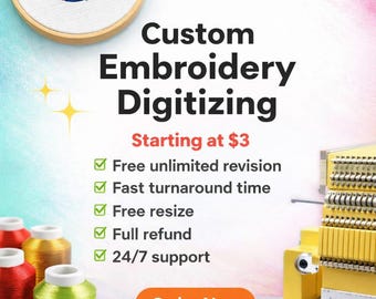 Könnte beinhalten: Werbung für individuelle Stickdigitalisierungsdienste. Das Bild zeigt ein gesticktes Design mit einem farbenfrohen 'S' in einem Holzrahmen, Garnrollen und eine gelbe Stickmaschine. Der Text enthält 'Custom Embroidery Digitizing' und Servicedetails.