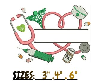 Könnte beinhalten: Ein Stickmuster mit einem rosa Stethoskop in Herzform, einem grünen Äskulapstab, einer Krankenschwesterhaube, einer Spritze, einer Pillendose mit der Aufschrift Px und verschiedenen Pillen. Text: SIZES: 3", 4", 6" und FORMATS: PES, DST, JEF, EXP, EMB.