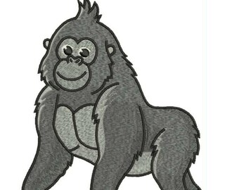 Könnte beinhalten: Ein Stickmuster eines grauen Gorillas mit hellgrauer Brust und Gesicht, umrandet mit schwarzen Linien. Der Text 2.5", 4", 6" ist oben rechts in Lila dargestellt und gibt die verfügbaren Größen in Zoll für diese Stickdatei an.
